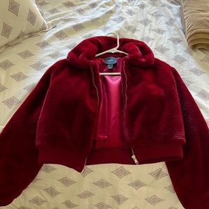 Burgundy fur cropped jacket. Size small